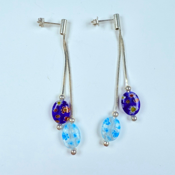 Blown Lamp Work Glass Bead Sterling Silver 925 Long Drop Vintage 2.3" Earrings - Picture 3 of 6